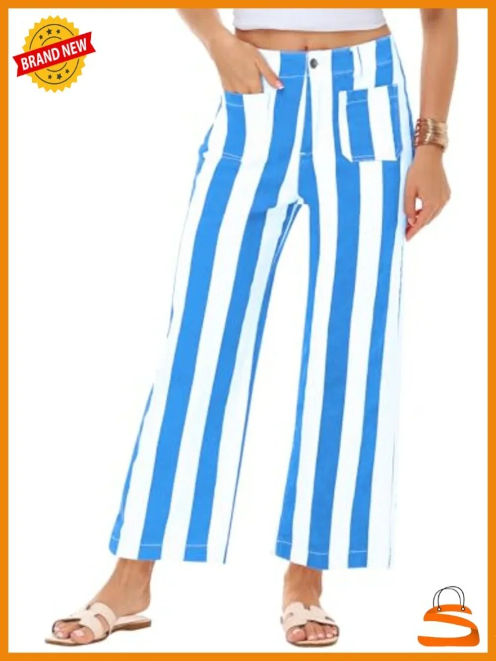 Striped High Rise Wide Leg Cropped Stretchy Denim Jeans with Pockets